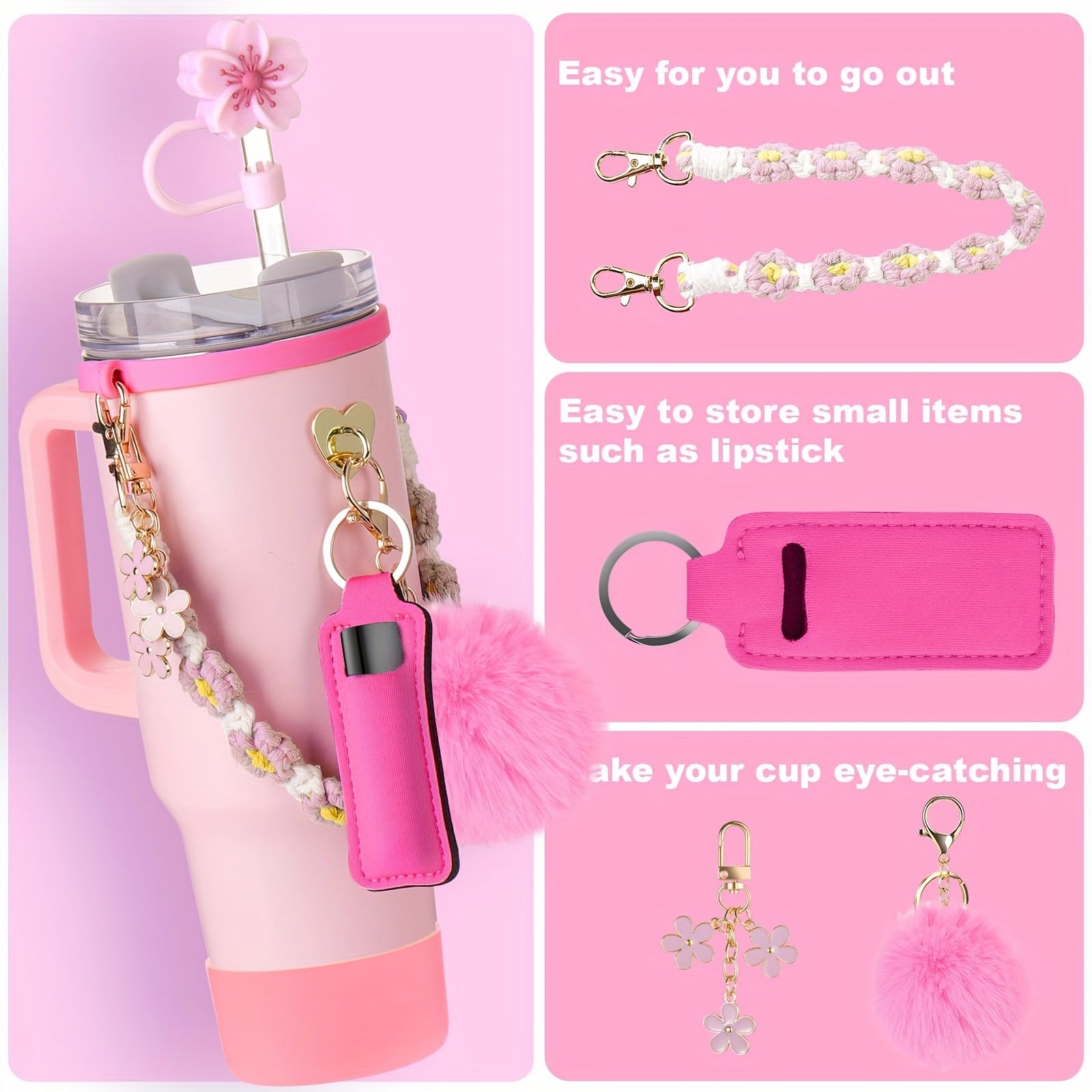 Guulone 8PCS Water Bottle Accessory Kit: Silicone Handle Strap, Protective Sleeve, Straw Cover, Lipstick Pouch, Cup Charms - Fits 30oz/40oz Insulated Tumblers